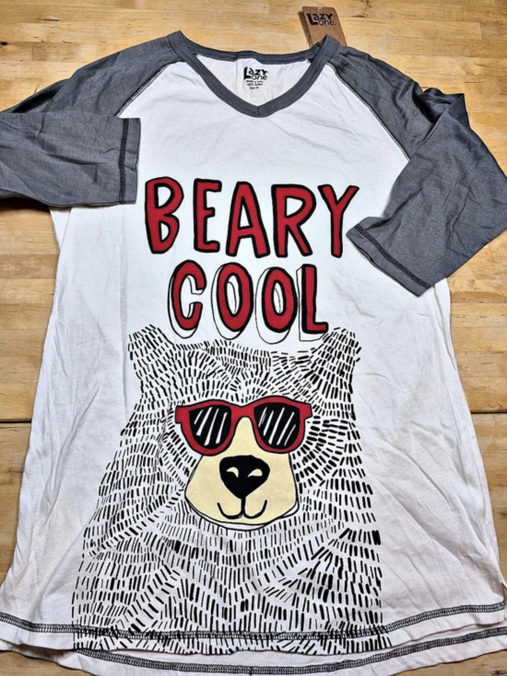 Lazy One Beary Cool PJ Tall Tee Graphic Tee Gray & Red Medium - New